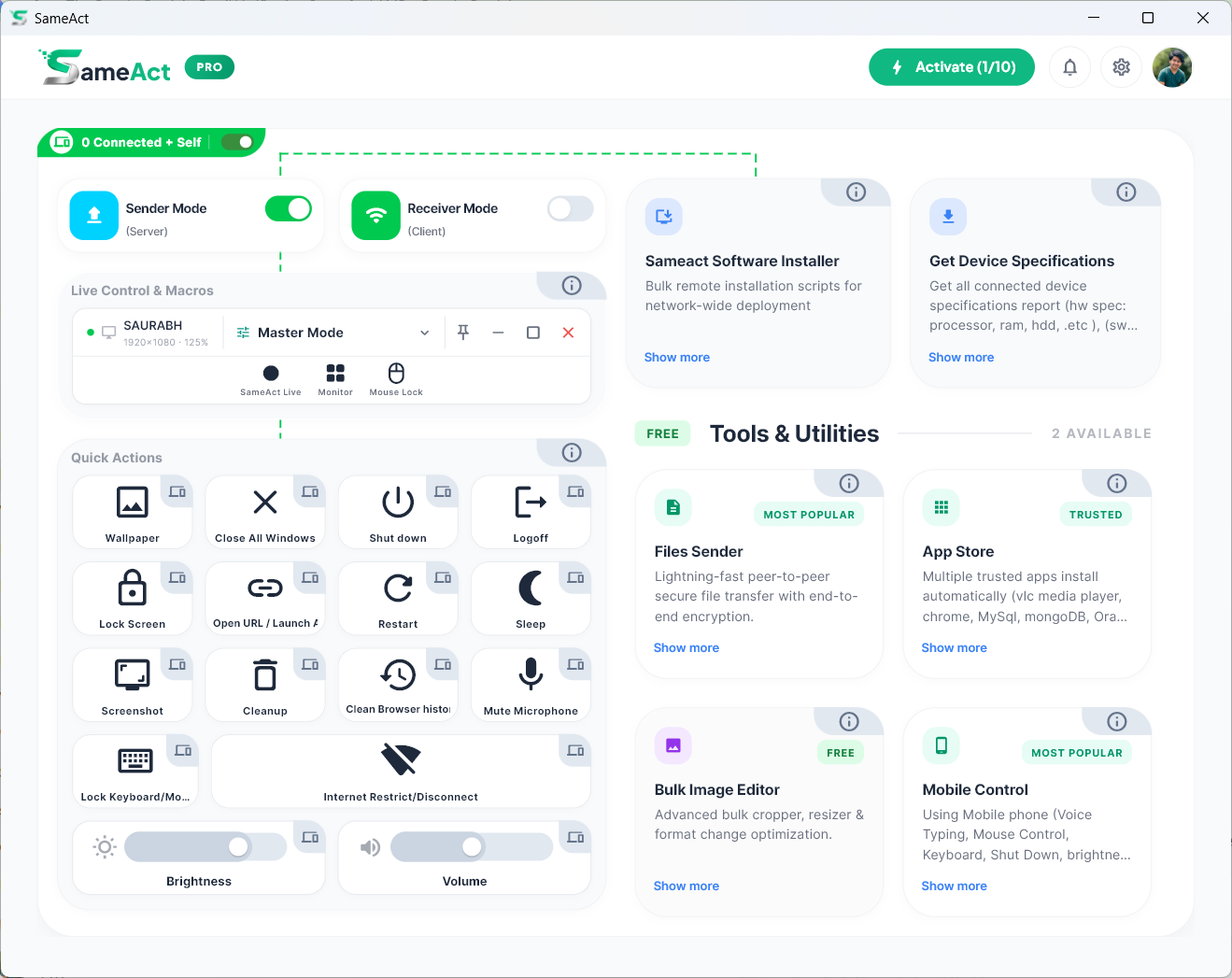 SameAct Dashboard — remote control panel showing connected PCs, action buttons, and live monitoring